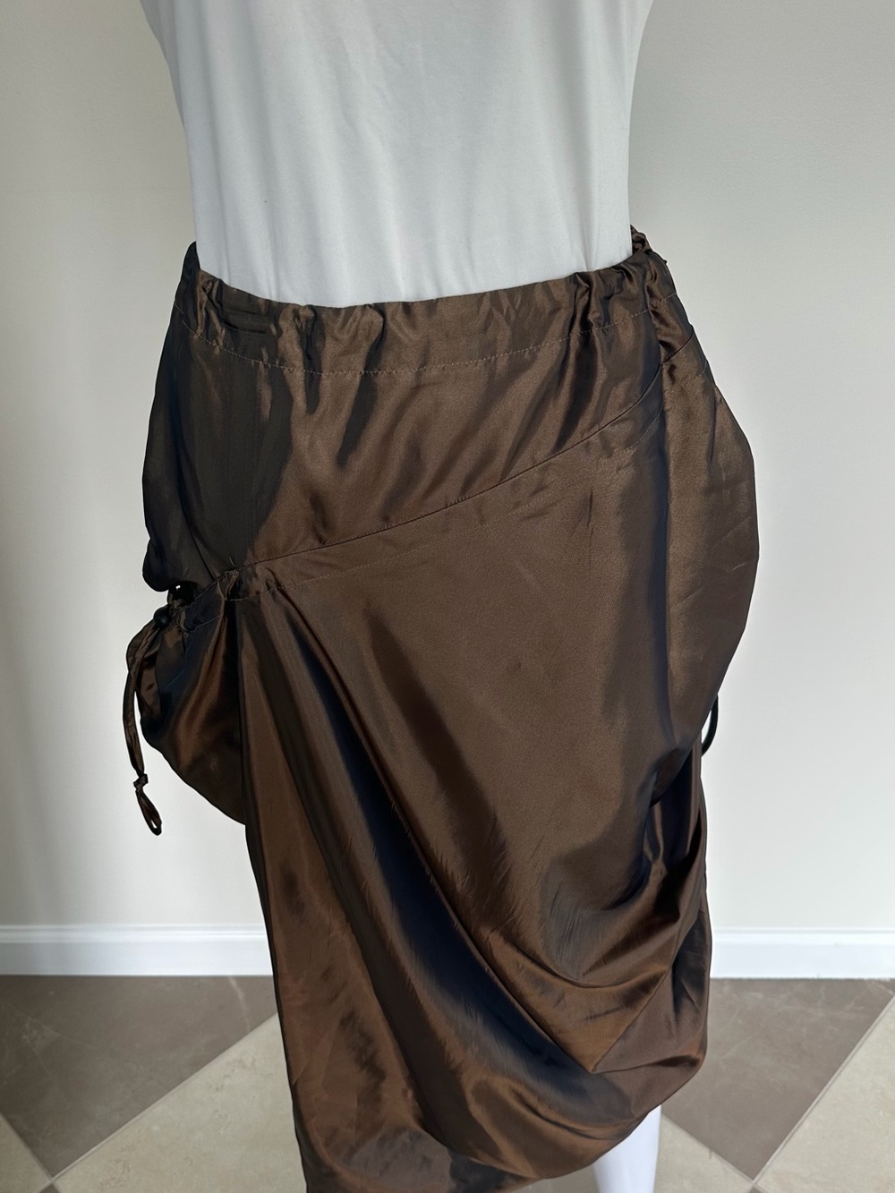 Women's Brown Satin Drawstring Midi Skirt